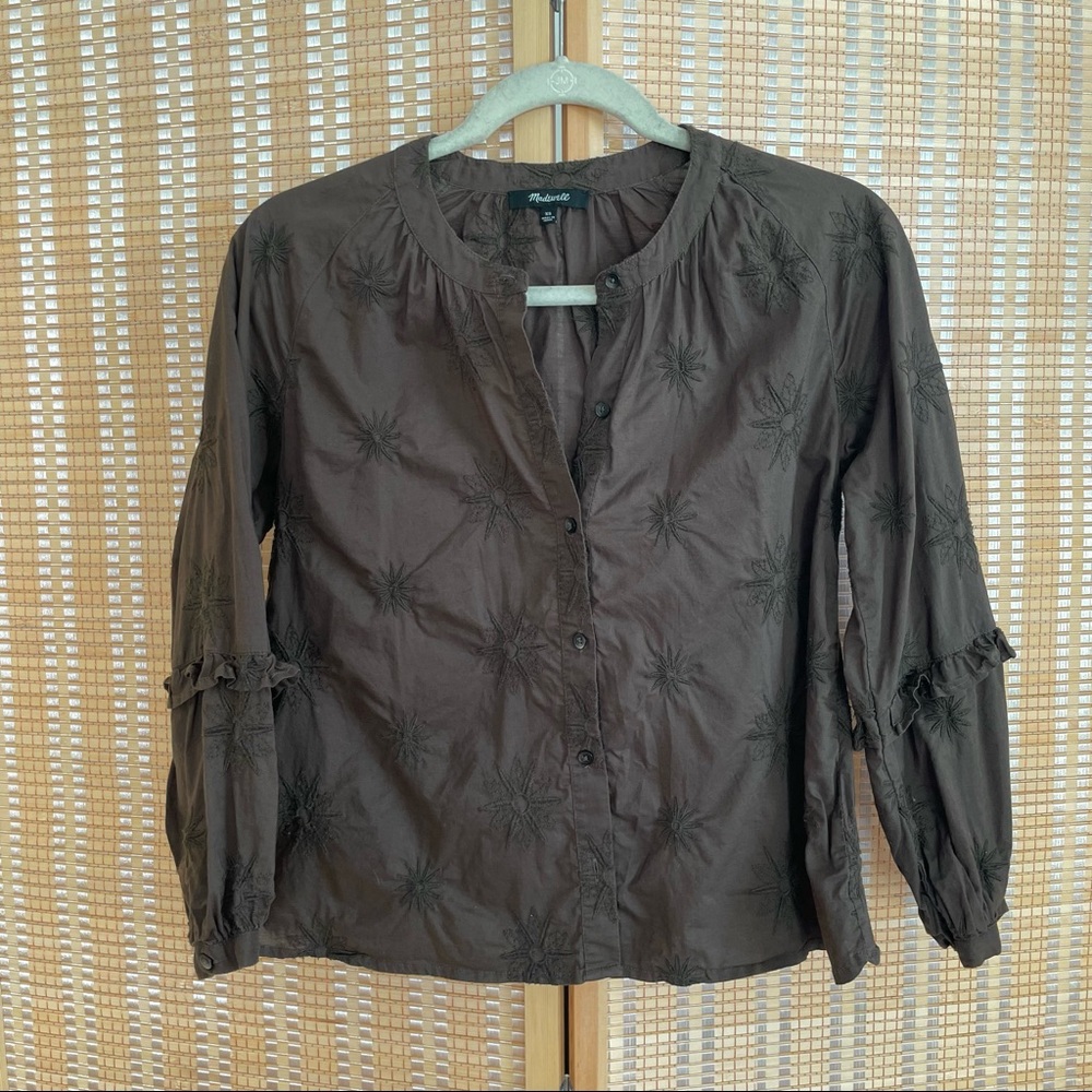 Olive green embroidered Madewell blouse
